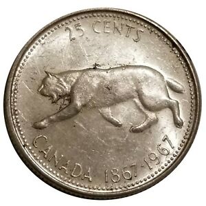 1967 Canada 25 Cents Silver Bobcat Coin Confederation Quarter Queen Elizabeth D