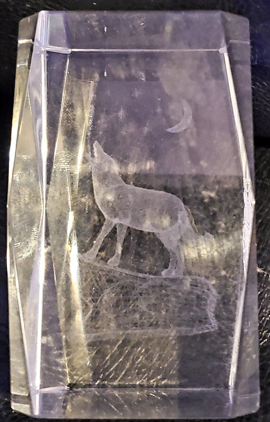 Wolf and Moon Crystal Cube Etched Display