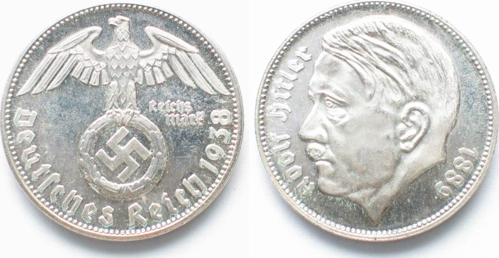 Drittes Reich 1938 2 Reichsmark Rare German Hindenberg 40% Silver Coin