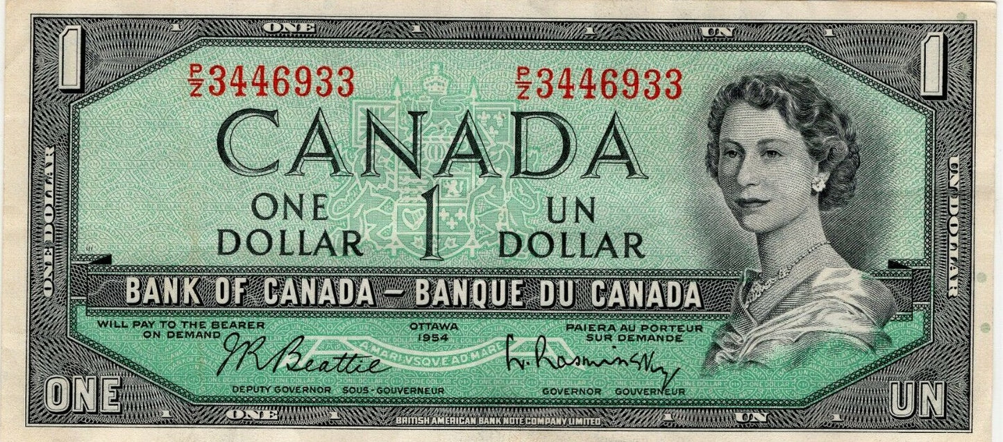 Canada One Dollar Bill Bank of Canada 1954 $1 Bank Note