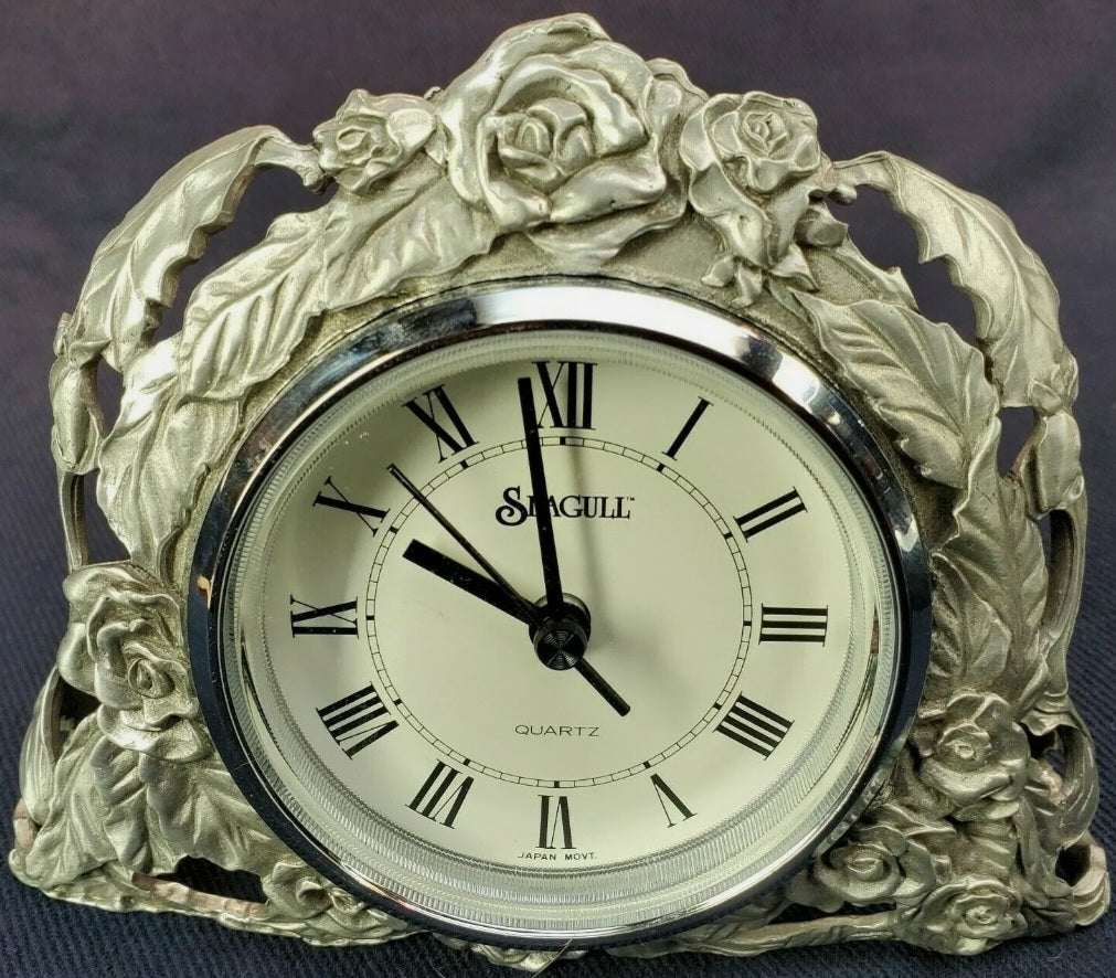 Rose Motif Pewter Quartz Clock -Table or Desk - Seagull Etain Zinn