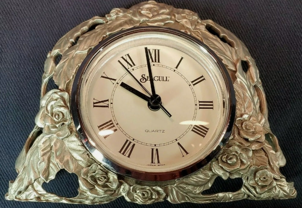 Rose Motif Pewter Quartz Clock -Table or Desk - Seagull Etain Zinn